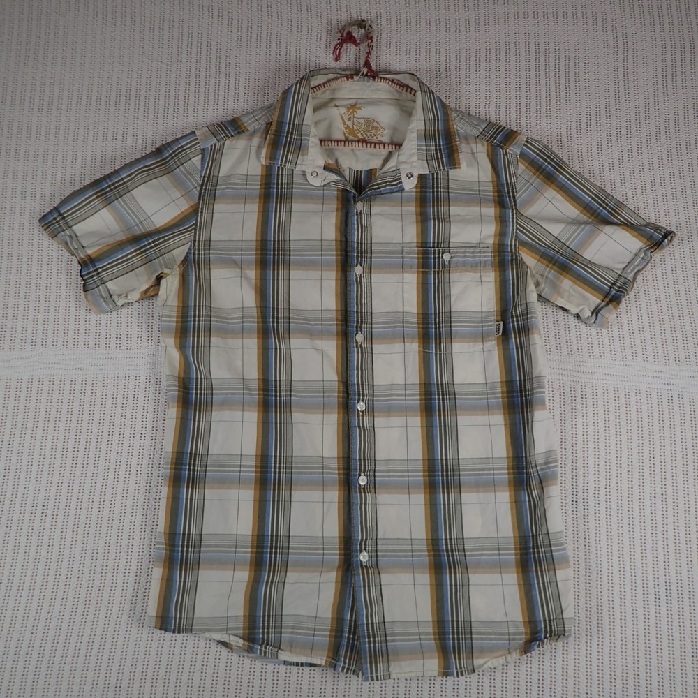 Vans Men's Off the Wall Size: Large Button-Down Flannel Shirt White Blue Brown